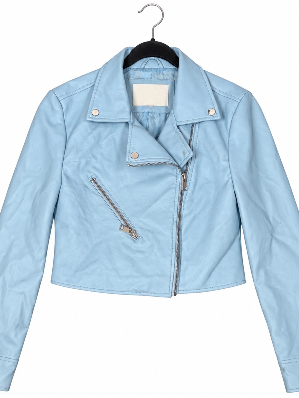 Ci Sono Baby Blue Cropped Faux Leather Moto Biker Jacket Small Asymmetric Zip